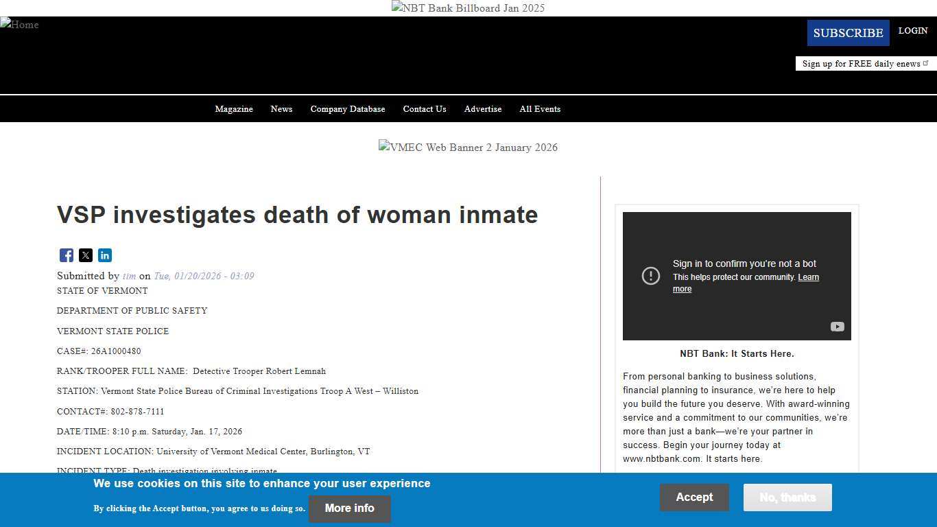VSP investigates death of woman inmate | Vermont Business Magazine